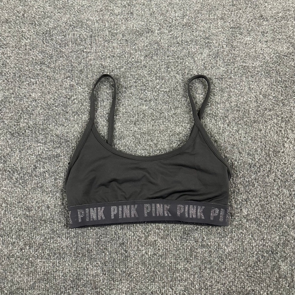 PINK Sports Bra Womens Size XS Black Glitter Logo Band Adjustable Straps Stretch